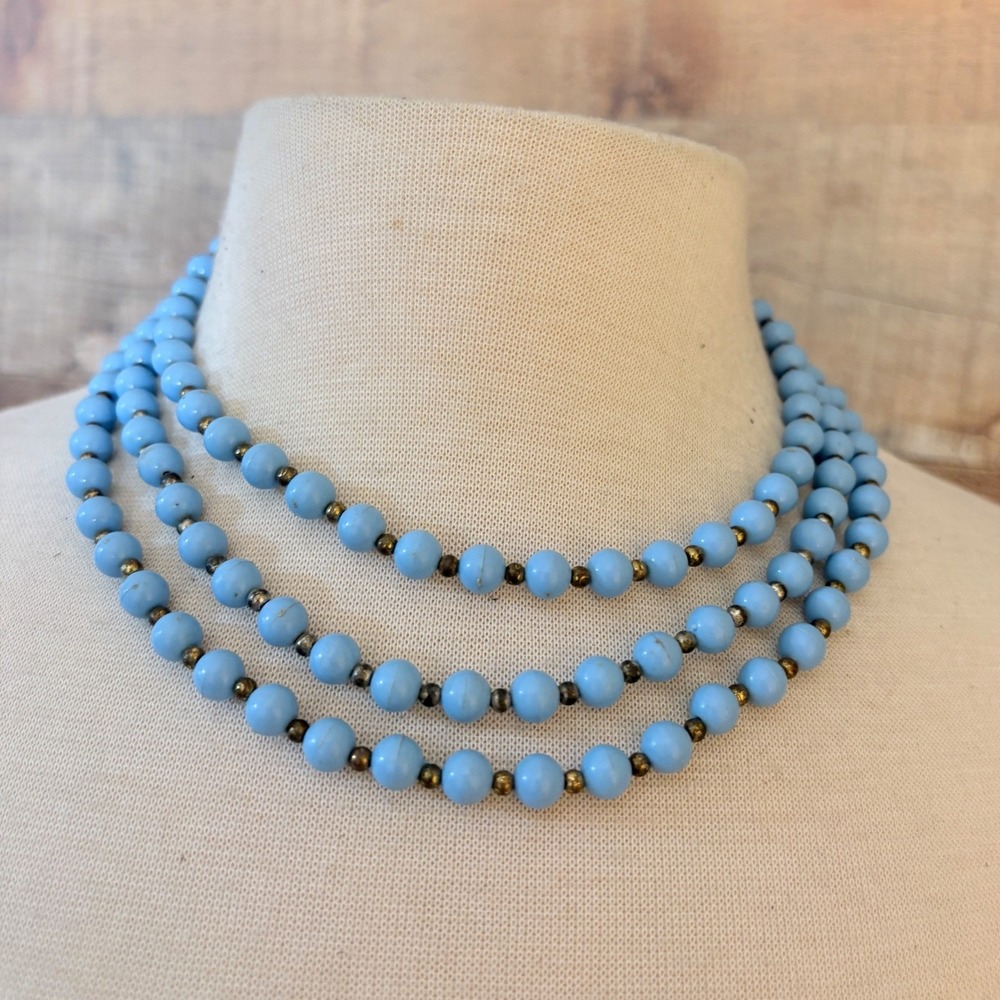 Vintage Triple Strand Sky Blue Beaded Necklace Brass Spacers Hook Clasp